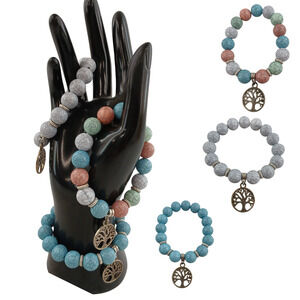 Tree of Life Charm Stretch Bracelets Set of 3 Cracked Stone Beads Boho Jewelry